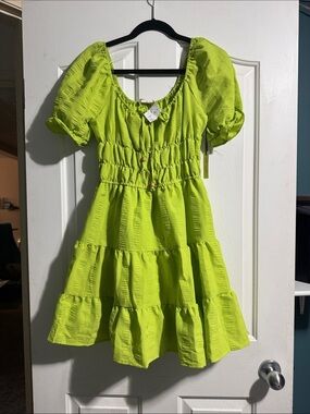 Liberty Love NWT Lime Green Smocked Puff Sleeve Mini Dress Medium Cottagecore